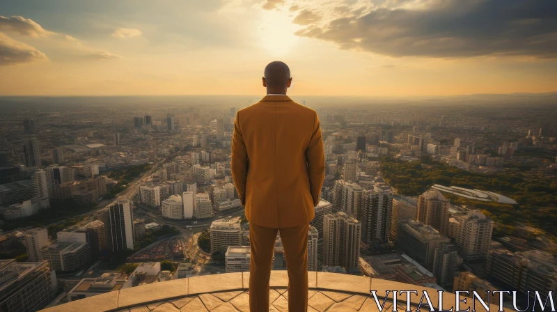 AI ART Urban Sunset: Man in Yellow Suit on Rooftop Overlooking City
