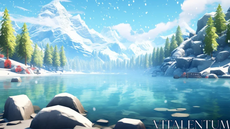 AI ART Winter Landscape with Frozen Lake and Snow-Capped Mountains