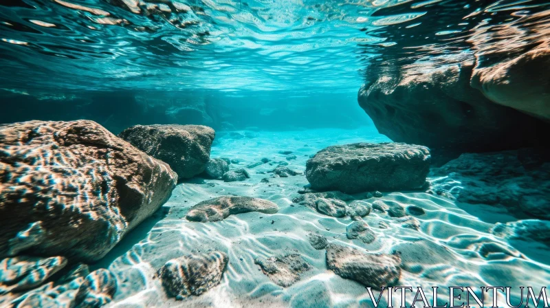 Captivating Underwater Perspective: Crystal Clear Waters and Sunlit Rocks AI Image