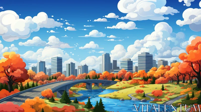 AI ART City in Fall Cartoon Illustration