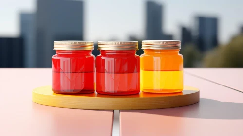 Colorful Glass Jars on Wooden Surface | Cityscape Background