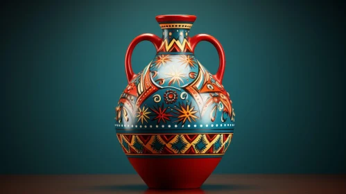 Colorful Hand-Painted Ceramic Vase with Geometric Patterns and Floral Motifs