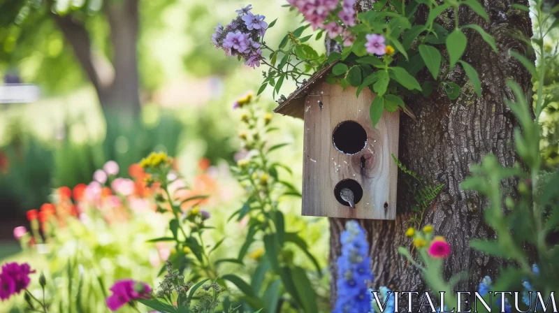 Enchanting Birdhouse in a Colorful Garden AI Image