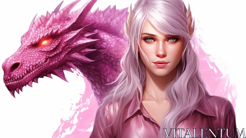 Enchanting Woman and Pink Dragon Portrait AI Image