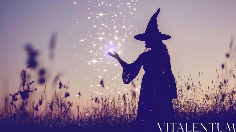 Enigmatic Witch in Field with Sparkling Light AI Image