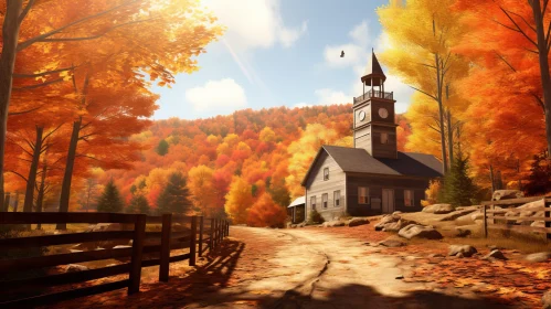 Fall Landscape with Vibrant Foliage and Wooden Church