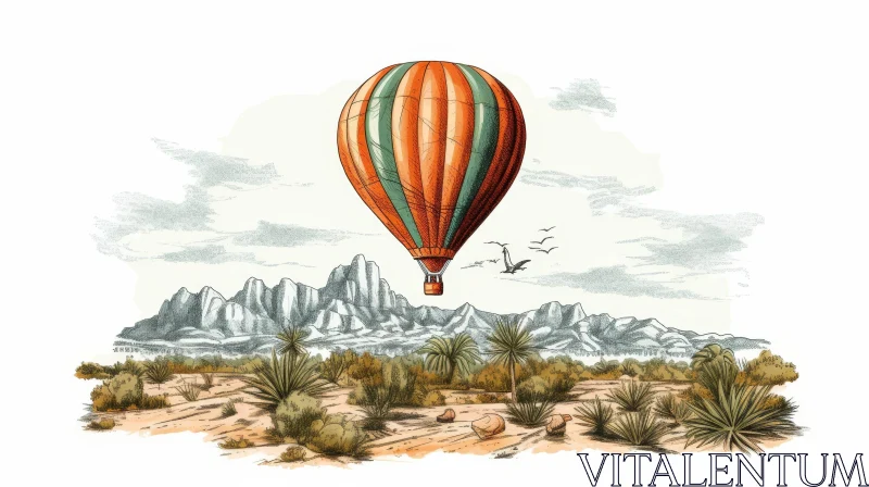 Hot Air Balloon Illustration Over Desert Landscape AI Image