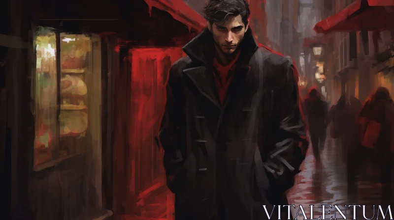 Man in Black Coat Walking Down Cobblestone Street AI Image