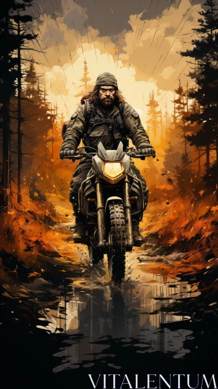 Man Riding Motorcycle in Forest at Sunset AI Image