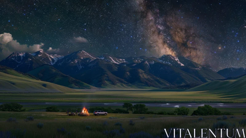 Mountain Valley Night Sky Landscape with Bonfire AI Image