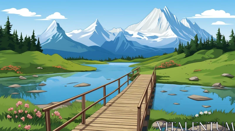 Mountain Valley Wooden Bridge Landscape AI Image