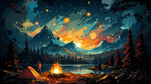 Night Sky Landscape Painting with Moon and Campers