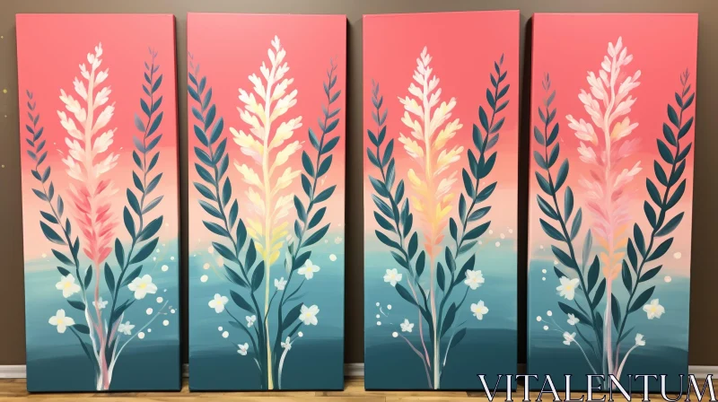 Pink and Teal Abstract Flower Paintings on Canvas AI Image