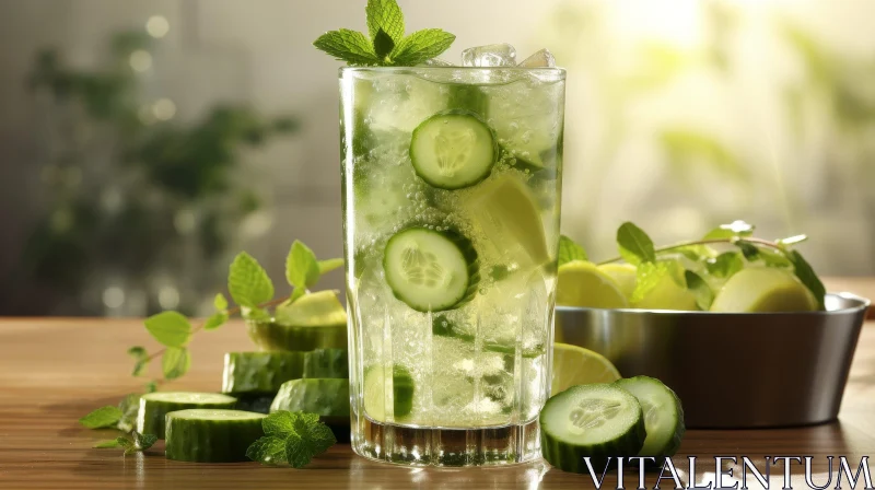 Refreshing Cucumber Mint Beverage on Wooden Table AI Image
