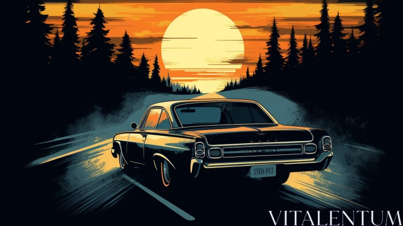 Retro Classic Car Sunset Drive Painting AI Image