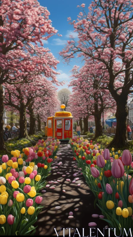Romantic Nostalgia: Bus Journey Through a Tulip-Filled Park AI Image