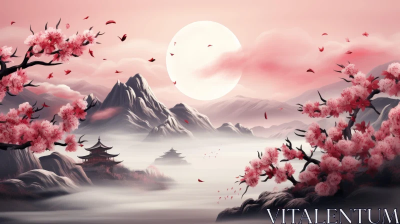 Serene Cherry Blossom Landscape Painting AI Image