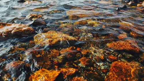 Serene Shallow River with Crystal Clear Water and Sunlit Rocks