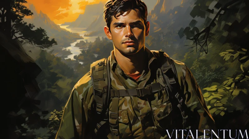 Serious Soldier in Green Camouflage Uniform in Jungle at Sunset AI Image