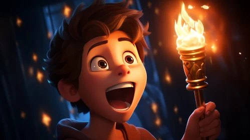 Surprised Young Boy Holding Torch - Cartoon Artwork