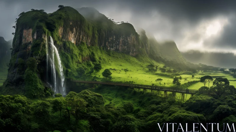 Tranquil Waterfall Landscape: Valley Serenity AI Image