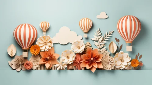 Whimsical 3D Illustration: Paper Flowers and Hot Air Balloons