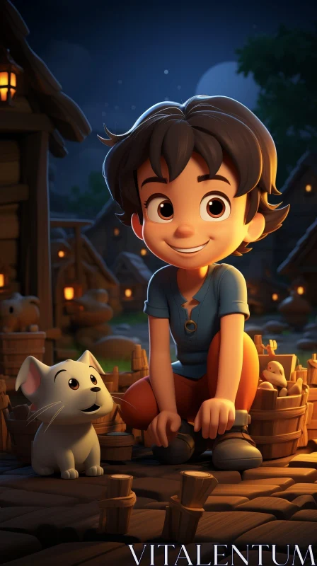Young Boy and White Mouse in Village - 3D Rendering AI Image