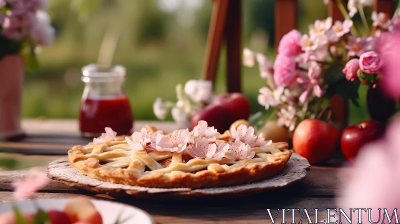 Apple Pie with Pink Flowers on Wooden Table AI Image