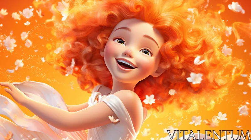 Cheerful Cartoon Portrait of a Smiling Girl with Orange Hair AI Image