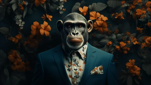 Chimpanzee in Blue Suit and Floral Shirt - Wildlife Photography