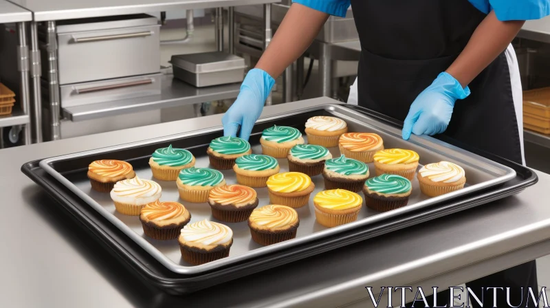 AI ART Colorful Cupcakes on Tray in Commercial Kitchen