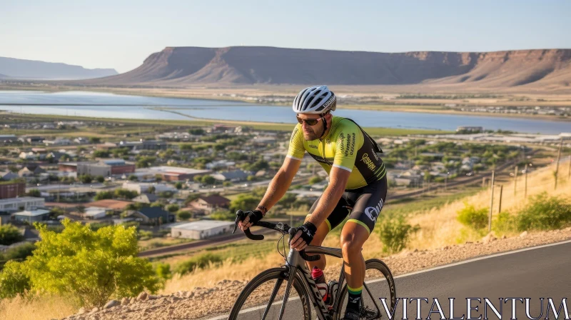 Cyclist Riding Up Hill in Desert Landscape AI Image
