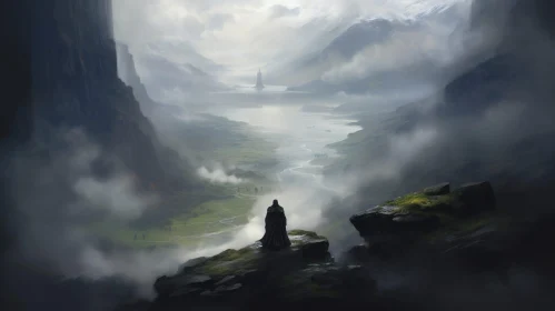 Dark Figure on Cliff overlooking Mist-filled Valley with Castle