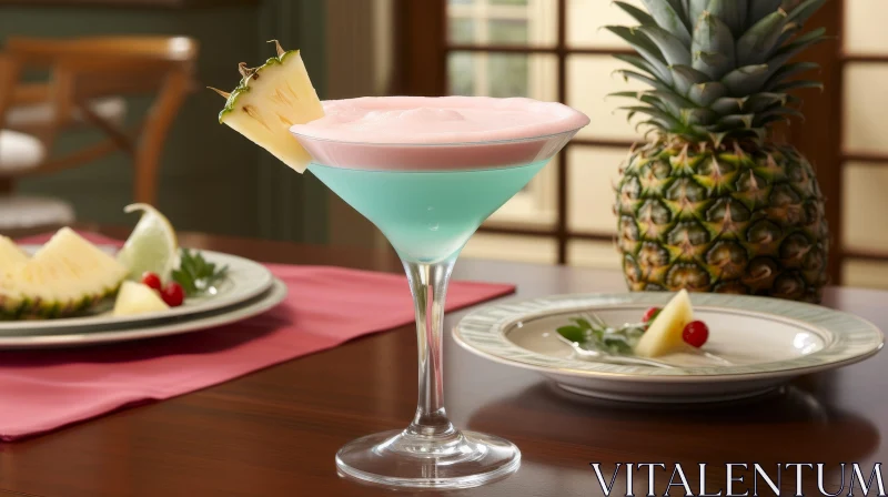 Delicious Blue and Pink Cocktail with Pineapple and Cherries AI Image
