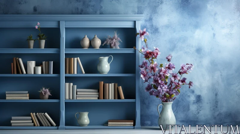 AI ART Elegant Blue Interior with Bookcase and Flowers