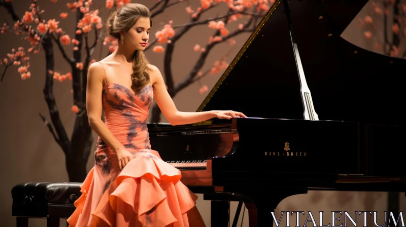 Elegant Lady in Orange Dress Performing at a Grand Piano AI Image