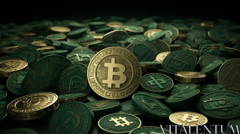 AI ART Green and Gold Bitcoin Cryptocurrency Coins Close-Up