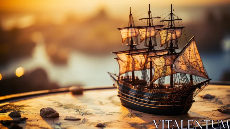 AI ART Intriguing Ship Model on Old World Map Table