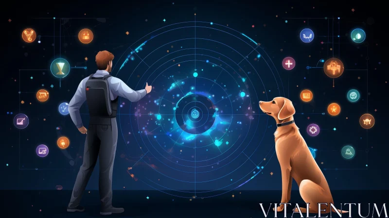 AI ART Man and Dog with Digital Screen - World Map Display