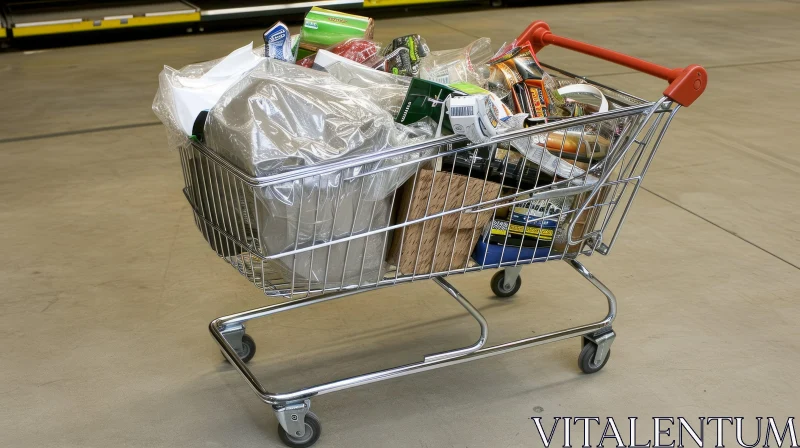 Metal Shopping Cart Filled with Household Items - Concrete Floor AI Image