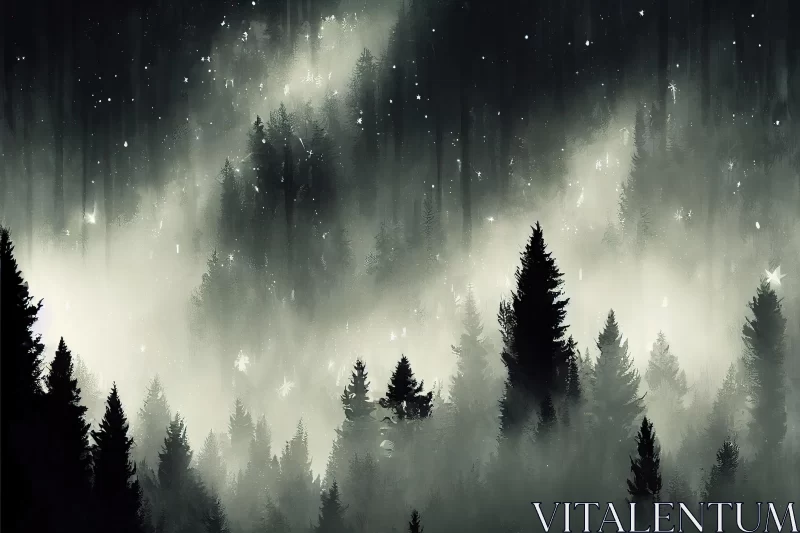 Misty Forest Night - Dreamlike Illustration | Digital Art AI Image