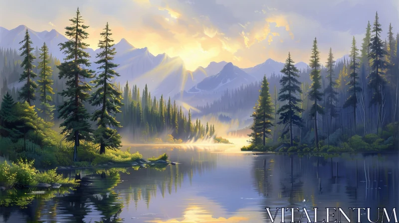 AI ART Mountain Lake Landscape Painting - Serene Nature Art