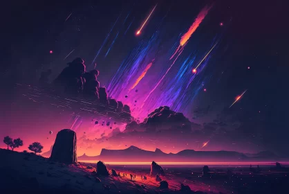 Purple Sky and Stars with Mountain - Captivating Neo-Pop Illustration