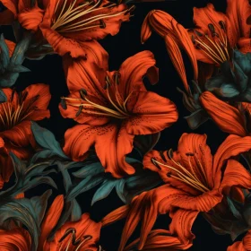 Red Lilies Seamless Pattern on Dark Background