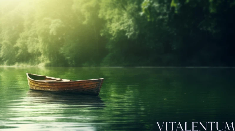 AI ART Tranquil Wooden Boat on Calm Lake