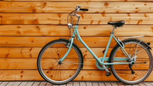 Turquoise Bicycle Against Wooden Wall - Vibrant Transport Image