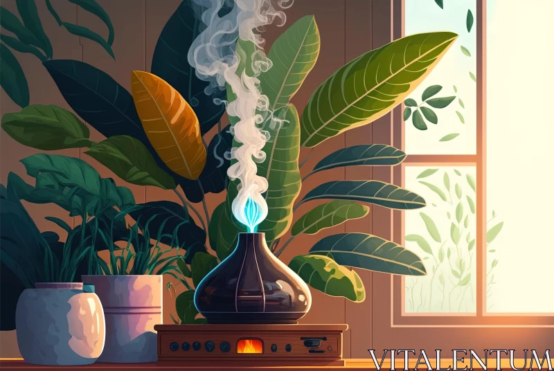 Vibrant Still Life Illustration of Humidifier and Plant by Window AI Image