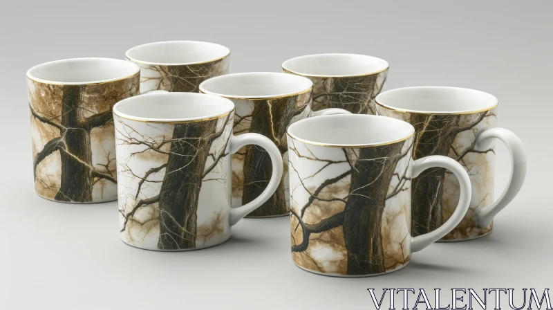 White Porcelain Coffee Cups with Tree Branch Pattern on Gray Background AI Image