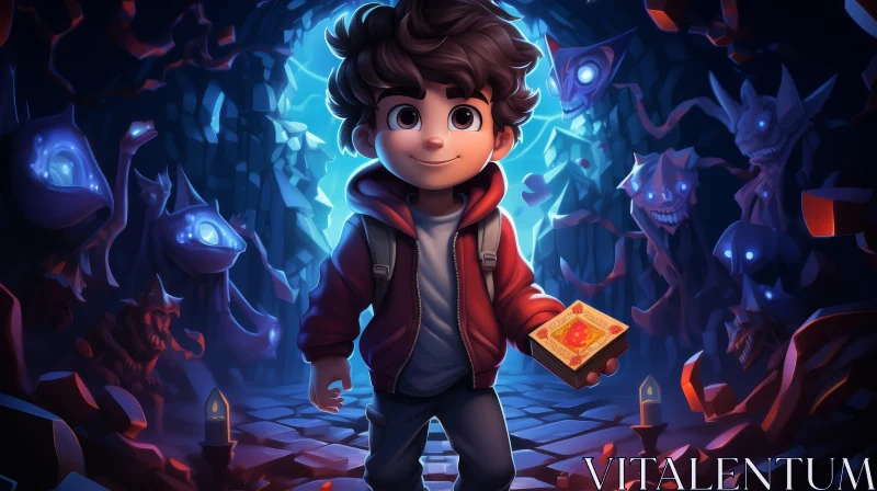 Young Boy in Dark Cave - Digital Fantasy Art AI Image