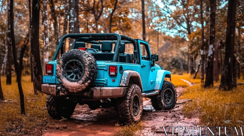 Blue Jeep Wrangler Rubicon Off-Roading Adventure in Forest AI Image